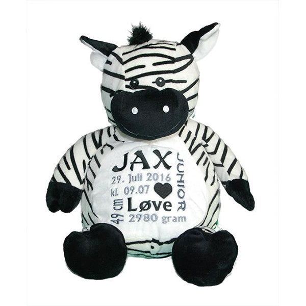 Zebra bamse med navn og data