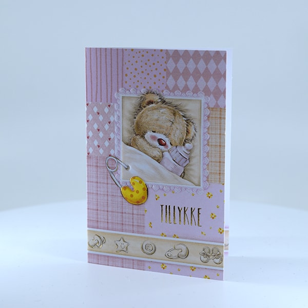 Kort med konvolut - Tillykke bamse med sutteflaske pige (68x98mm)