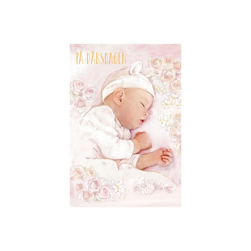 Kort med konvolut - På dåbsdagen baby med roser pige (68x98mm)
